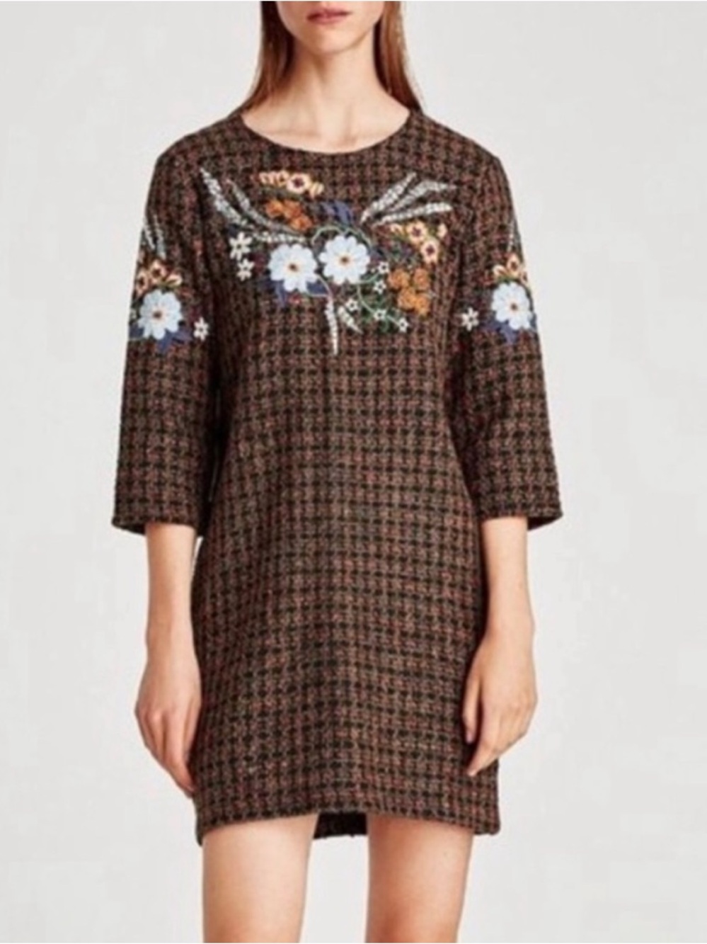 Zara Brown Tweed Embroidered Mini Dress Size Small NWT